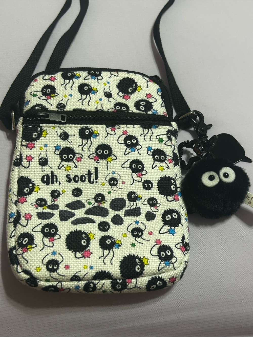 Ah, Soot! Kids Crossbody Bag with Fuzzy Pom Charm - Black/White